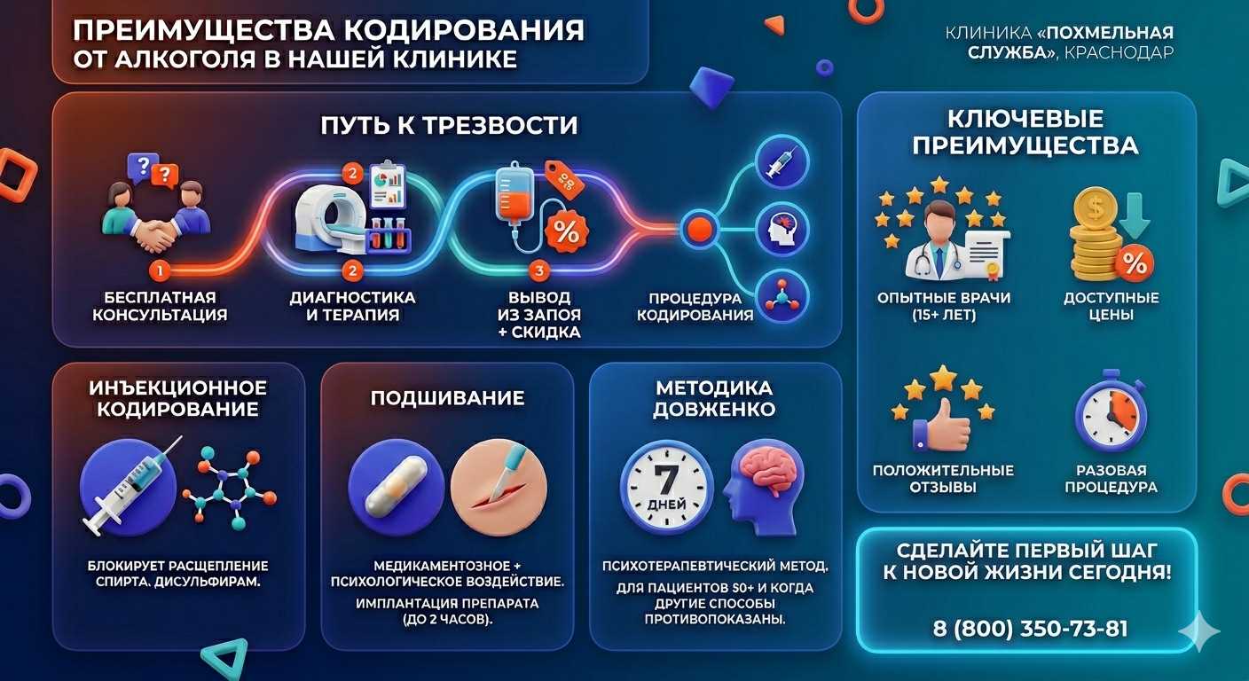 Инфографика о методах кодирования от алкоголя в Кошках: инъекции, подшивание, метод Довженко. Преимущества клиники и этапы лечения.